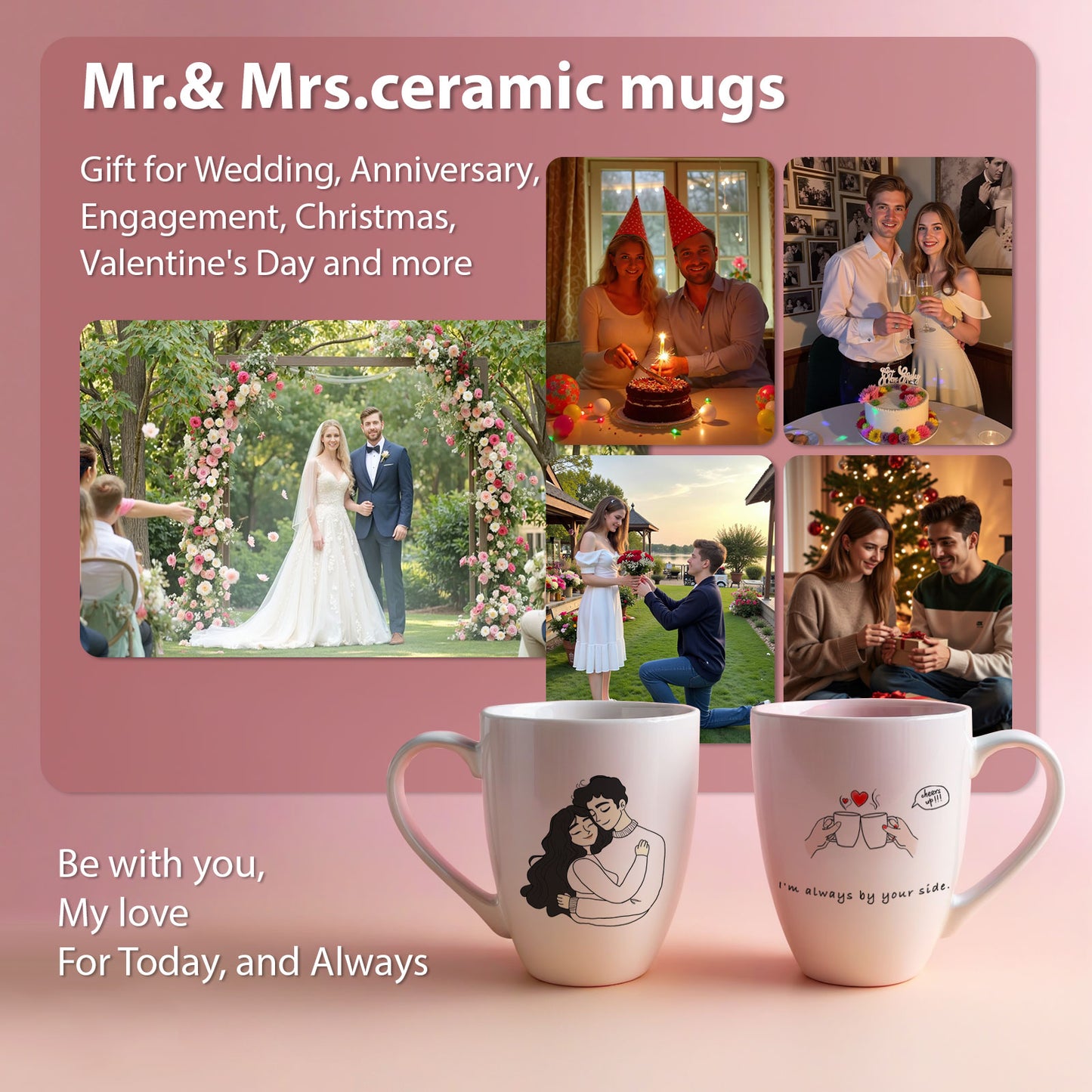 12oz Ceramic Coffee Mugs Set of 2, Wedding Gifts for Couple, Anniversary Gifts, Bride and Groom Engagement Gifts for Newlyweds(Mr & Mrs), Birthday Gifts for Her Him, husband Wife, Women Men
